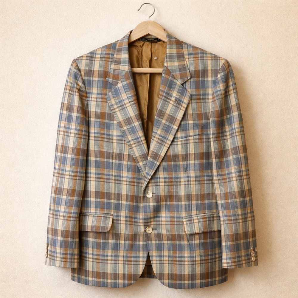 Vintage Bill Blass Plaid Sport Coat 41R Brown Blue Ivy Academia Blazer 1970s
